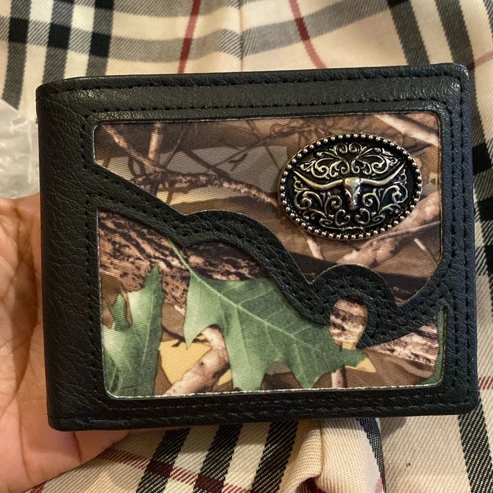 Mens Western Bi Fold Faux Leather Wallet Camo Black